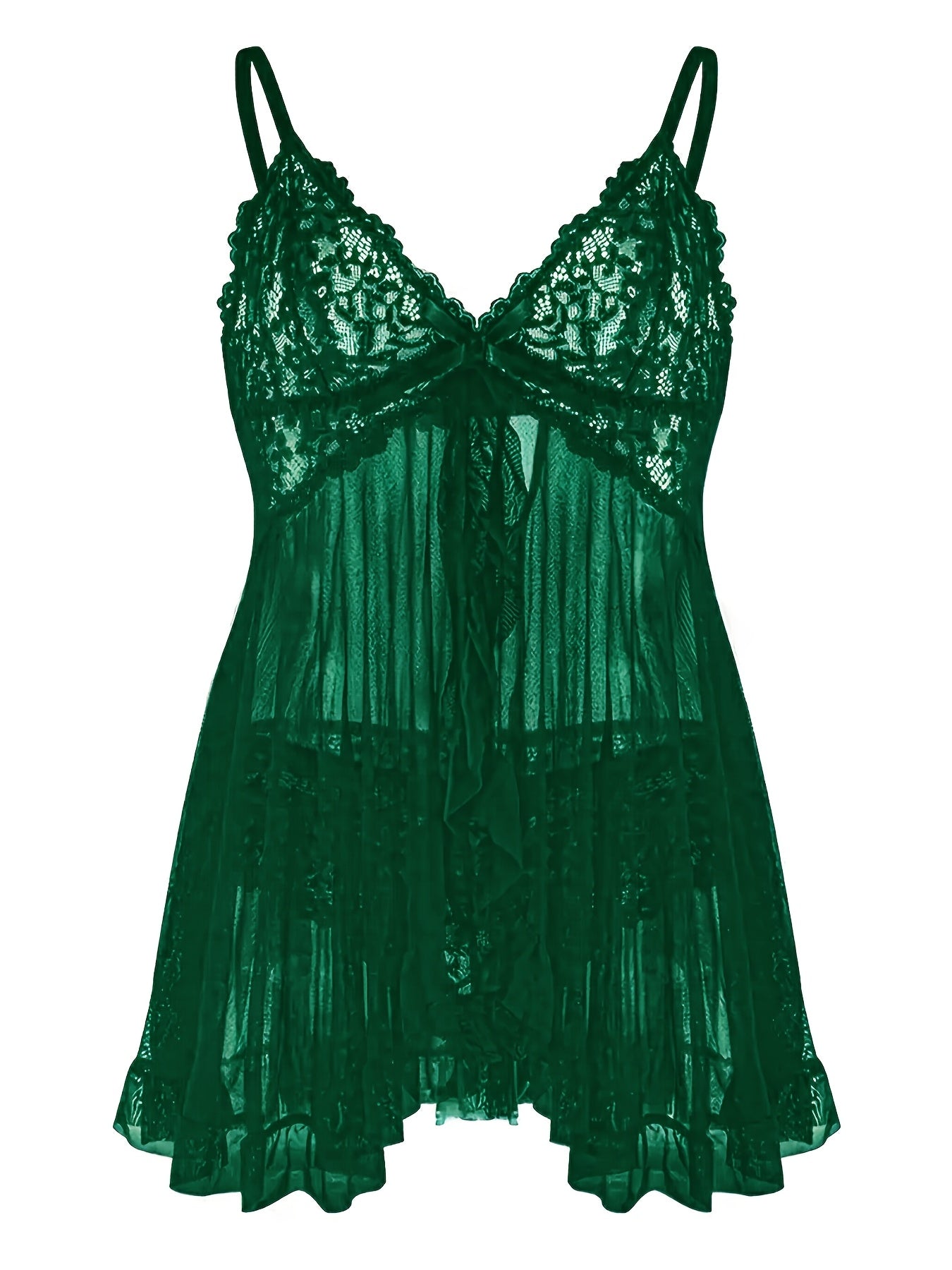 Big Size Sultry Valentine Lace Sleepwear Dress Set - Exquisite Lace, Flattering V-Neckline, Daring Backless Design, Delicate Ruffle Trim, Trendy Split Hem, Seductive Thong Detail, Ultra-Comfortable Fabric, Perfect For Romantic Night, Anniversary Gift