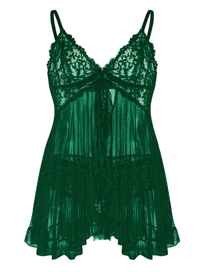 Big Size Sultry Valentine Lace Sleepwear Dress Set - Exquisite Lace, Flattering V-Neckline, Daring Backless Design, Delicate Ruffle Trim, Trendy Split Hem, Seductive Thong Detail, Ultra-Comfortable Fabric, Perfect For Romantic Night, Anniversary Gift