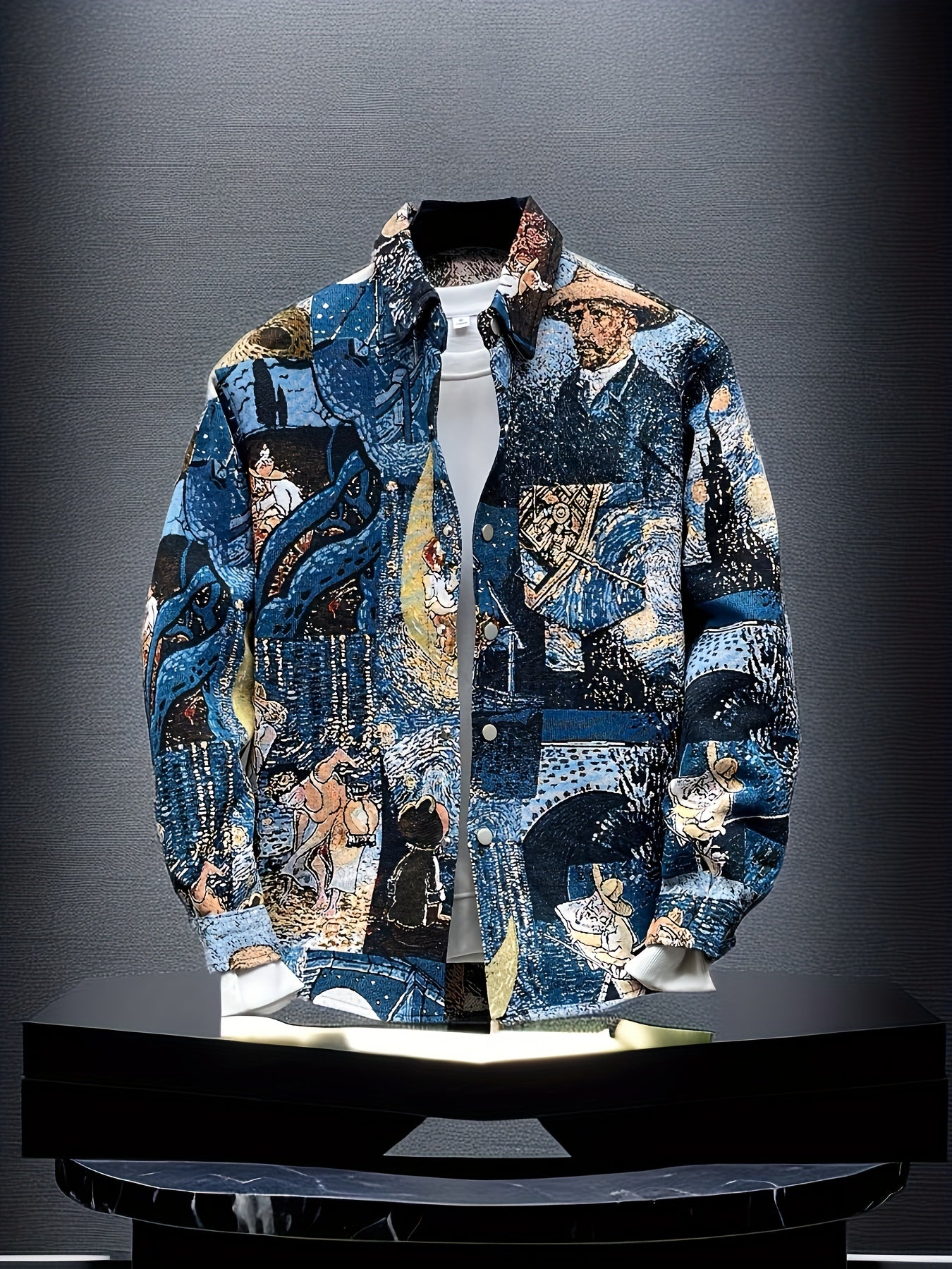 Men'S Slim-Fit Long Sleeve Shirt - Van Gogh-Inspired for Artistic Button-Up Shirt, Formal & Casual Attire, Machine Washable Polyester Blazer - Ideal Gift for Art Lovers, Casual Streetwear, Streetstyle Aesthetic, Versatile Clothing