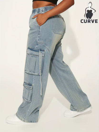 Large Sized Multi Pocket Waist And Headband with Elastic Drawstring Denim Workwear Pants