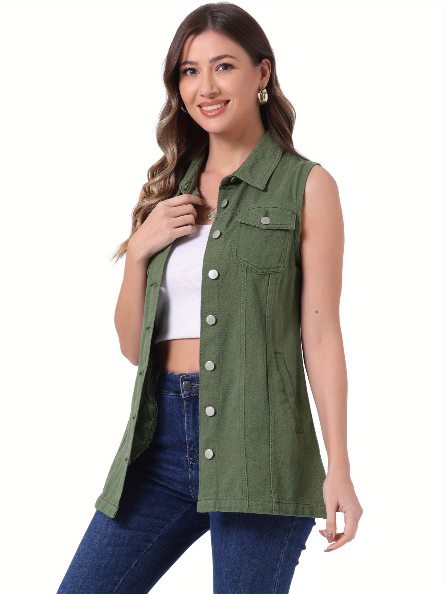 Women'S Denim Vest Sleeveless Button Waistcoat Casual Long Jean Vests