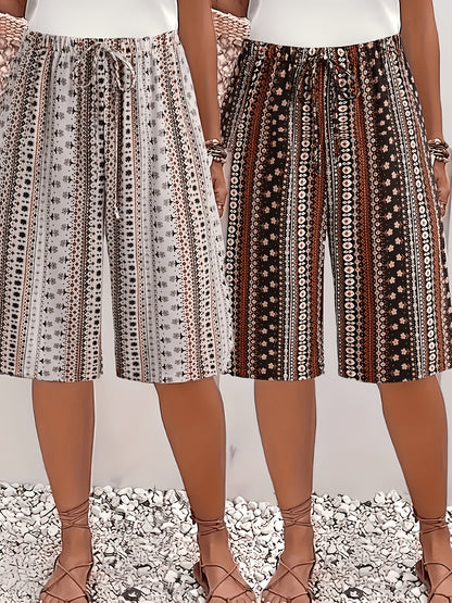 2pcs Women'S Casual Shorts Set - Black & White Abstract Print, Drawstring Waist, Lightweight, Perfect for Beach & Summer Outings, Summer Casual Wear|Abstract Print Shorts|Lightweight Shorts
