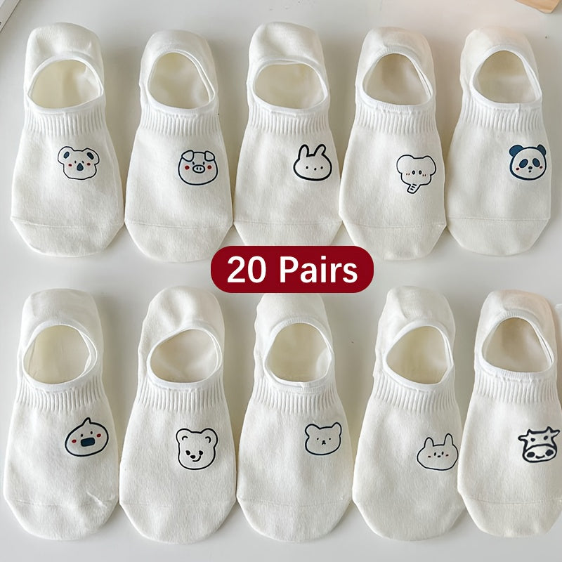 20 Pairs Women's Cute Anime Animal Face Socks - Soft Non-Slip Invisible Tip Boat & Short Socks with Heart & Bear Patterns, All-Season Comfort for Daily Wear, White with  Soles & Laces - Kawaii Style Socks for & Women, Elegant & Playful Cartoon Animal Desi