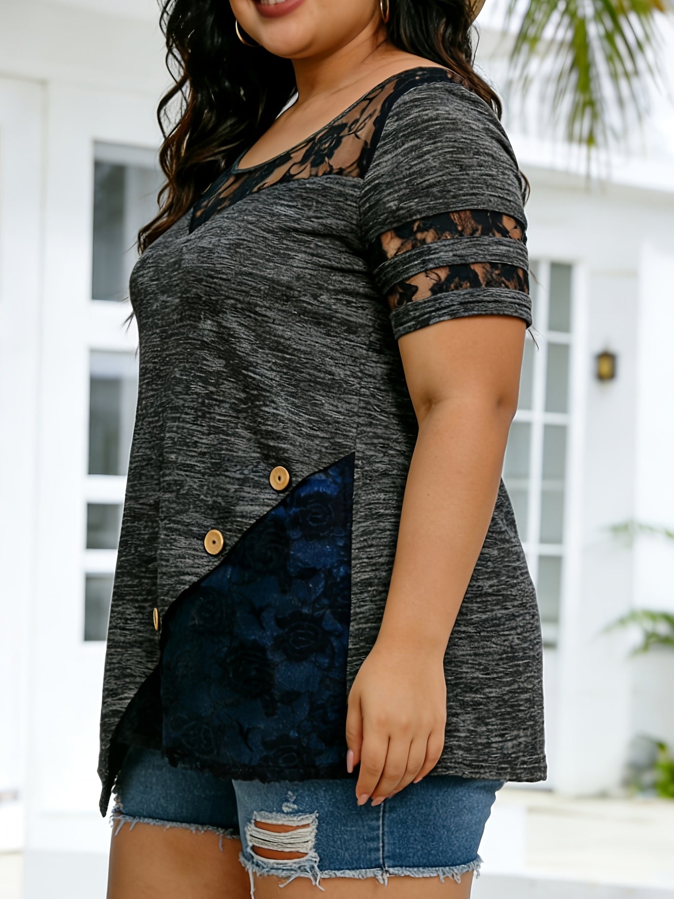 Plus Size - Plus Size - Women'S Plus Size Lace Trim Blouse Tops, Flattering V-Neck Tunic Shirt, Casual Dressy Elegant Tops, Flowy Tunic Top with Lace Sleeves, Comfort Stretch Blouse for Women, Loose Fit Shirt, Sizes XL-5X
