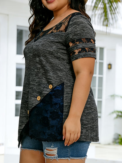 Plus Size - Plus Size - Women'S Plus Size Lace Trim Blouse Tops, Flattering V-Neck Tunic Shirt, Casual Dressy Elegant Tops, Flowy Tunic Top with Lace Sleeves, Comfort Stretch Blouse for Women, Loose Fit Shirt, Sizes XL-5X