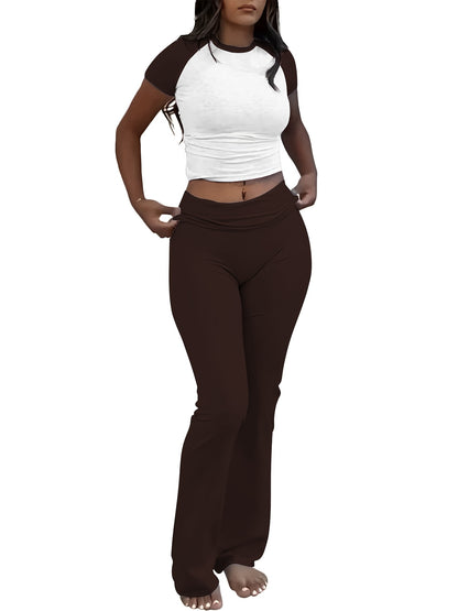 Casual Solid Color Slim Two-piece Pants Set, Short Sleeve Crew Neck T-shirt & Skinny Flared Leg Pants Outfits, Women'S Clothing