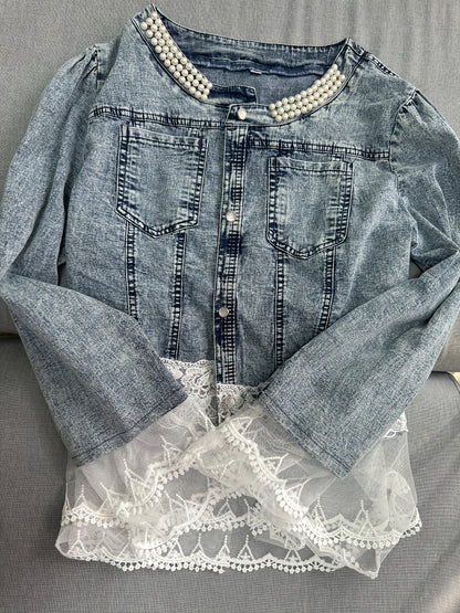 Women'S Casual Jacket, Lace Floral Pattern, Exquisite Buttons, Daily Fashion Beaded Denim Jacket, Very Suitable for Spring And Autumn