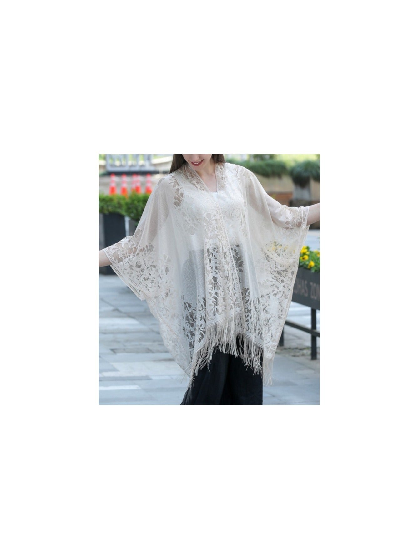 Woman's Plus Size Boho Cover Up, Lace Kimono, Women's Plus Floral Lace Batwing Sleeve Cover-Up, Open Front Tassel Trim Kimono, Lightweight Beach Cover Up