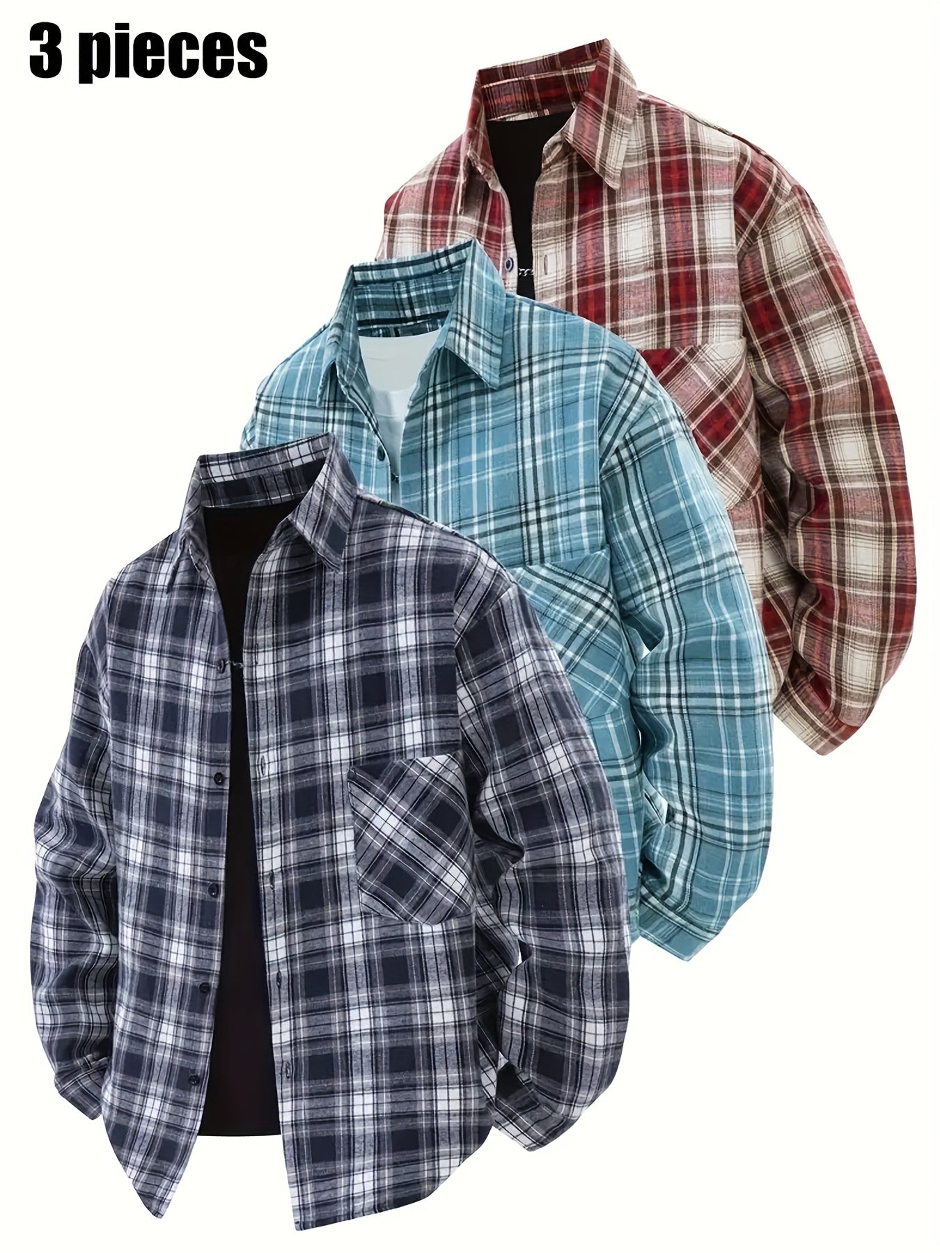 (3pcs) Unisex European And American Vintage Casual Shirt, Featuring A Checkered Pattern And A Fashionable, Minimalist Design with A Lapel Shirt Style That Can Be Worn All Year Round. The Loose And Comfortable Fit Meets Diverse Needs