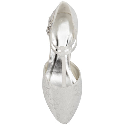 JIAJIA 00968 Women'S Bridal Shoes Closed Toe T-Strap 1.9" Block Low Heel Lace Satin Pumps Wedding Shoes, Women Shoes