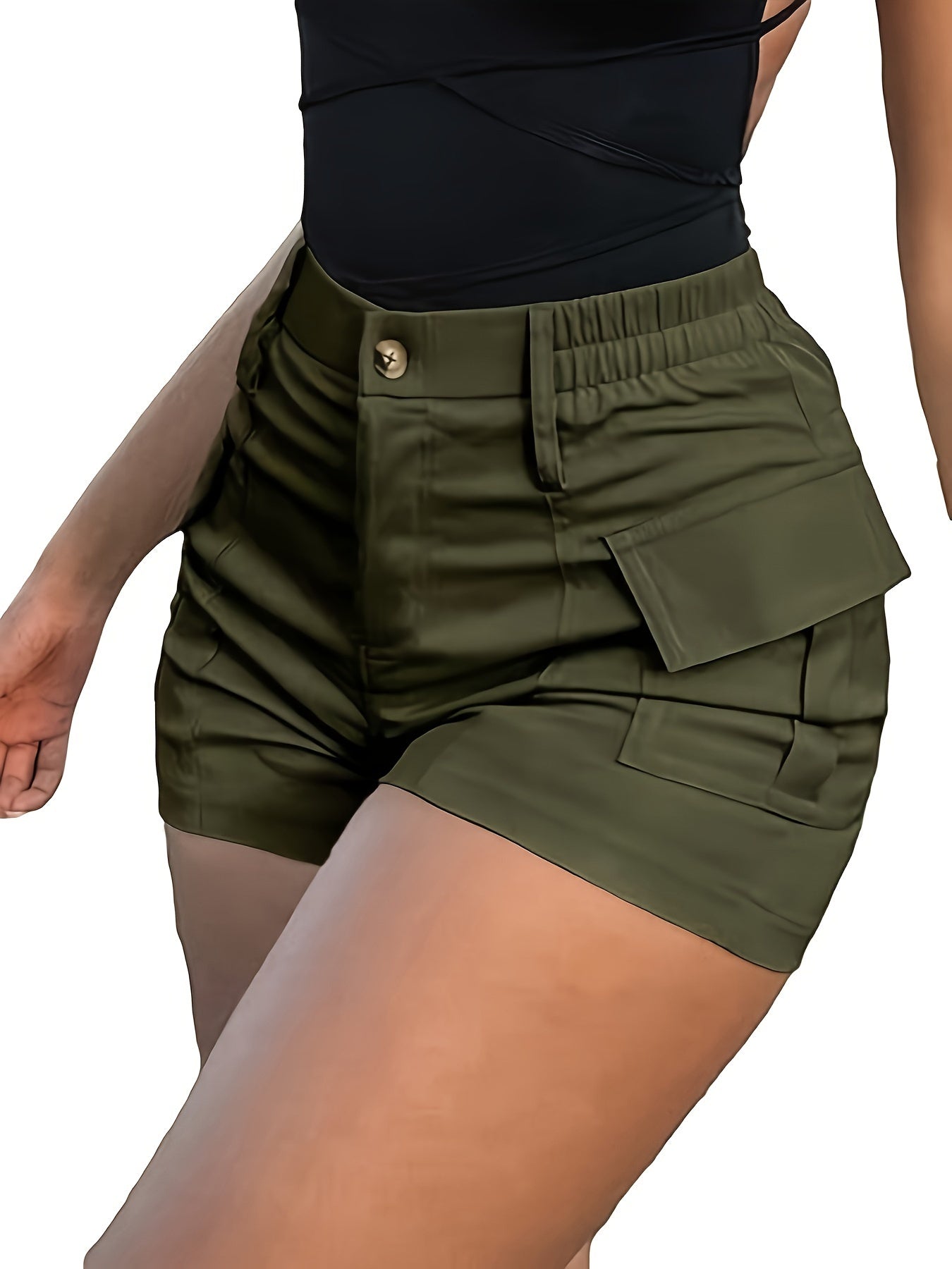 Women's Casual Street Trend High Waist with Pockets Skinny Stretch Shorts Women