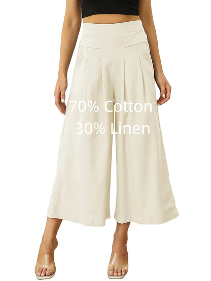 Women' Boho Linen Palazzo Wide Leg Pants - Elastic Capri Trousers with, 7/8 Length Culottes Suitable for Spring Summer Fall, Casual Solid Color Elastic Pants for Outfits & Casual Attire