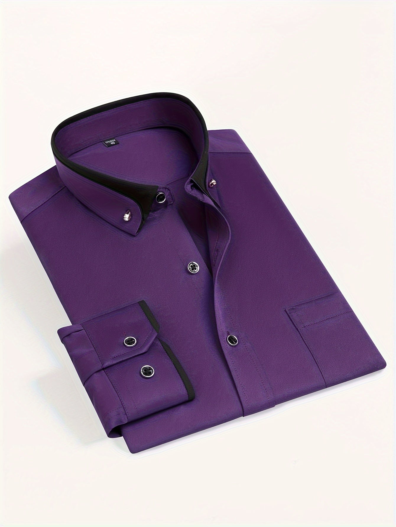Color Block Fold-Up Collar Crystal Buckle Formal Shirt Men'S Long Sleeve Contrast Color Stretch Iron-Free Business Casual Top with Loan Fashion Cardigan Shirt