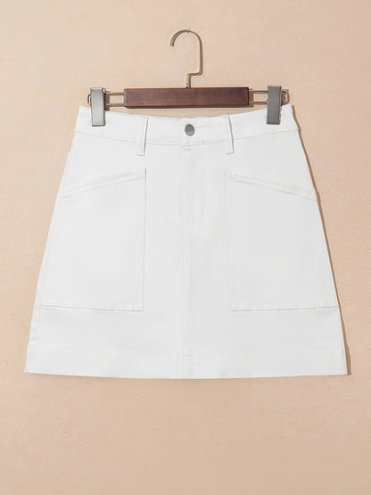 Women'S High-Waist Stretch Denim Mini Skirt - Versatile, Mid-Length Skirt with Large Pockets, Casual Elegant Style, Perfect for Summer, Jeans Skir