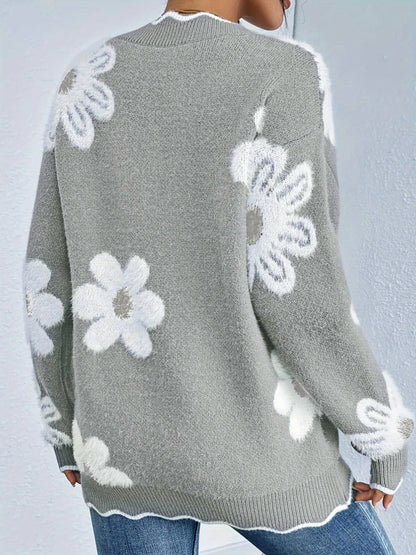 Plus Size - Plus Size - Plus Size - Women'S Plus Size V-Neck Sweater with Floral Pattern - Cozy Gray Long Sleeve Pullover, Casual Fall/Winter Wear, Relaxed Fit, Vneck Sweater