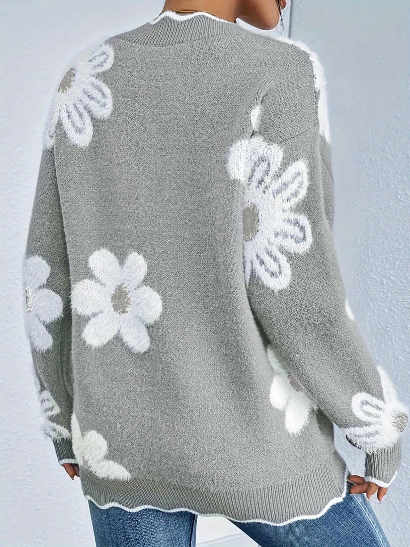 Plus Size - Plus Size - Plus Size - Women'S Plus Size V-Neck Sweater with Floral Pattern - Cozy Gray Long Sleeve Pullover, Casual Fall/Winter Wear, Relaxed Fit, Vneck Sweater