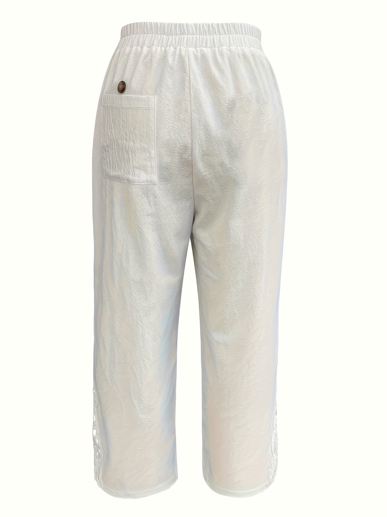 White Lace Trimmed Harem Pants - Drawstring Waist Wide Leg Palazzo with Side Pockets | Women's Boho Vacation Trousers