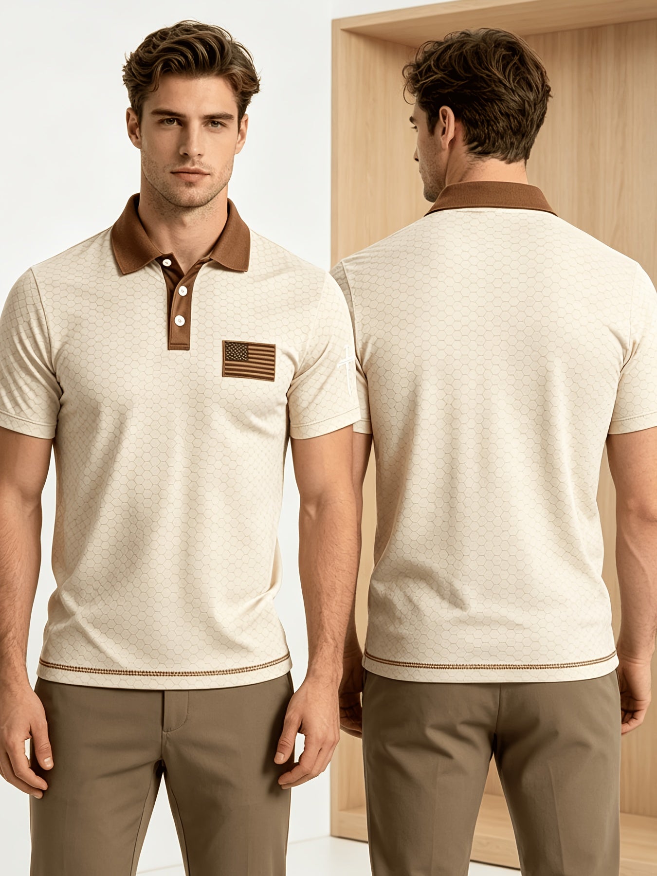 American Flag Gradient Cross Print Polo Shirt for Men's Casual Lapel Short Sleeved Patriotic Themed Commuting Top, American Flag Armband Contrasting Striped Short Sleeved Casual Business Lapel Top