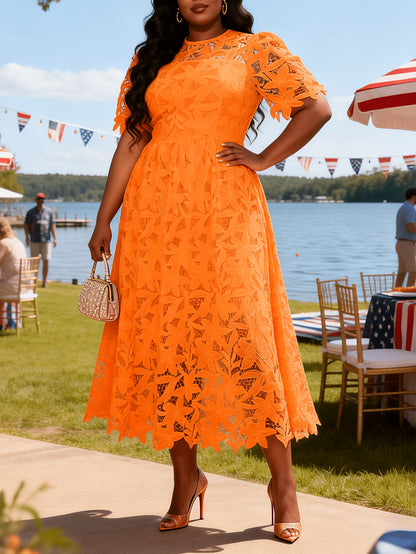 Plus Size - Plus Size - Plus Size Round Neck Lace Dress, Elegant Midi Length with Waist Definition, Formal Banquet And Evening Gown