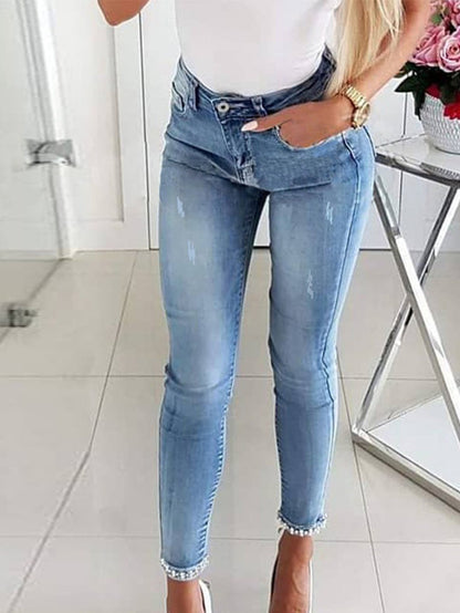 2025 Women'S Skinny Butterfly Sticky Flower Bead Split Small Foot Pencil Pants