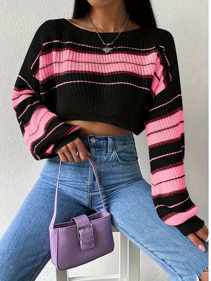 Women'S Long-Sleeved Striped Sweater, Perfect for Spring And Fall, Featuring a Sweet And Spicy Design, Ideal for a Casual Look