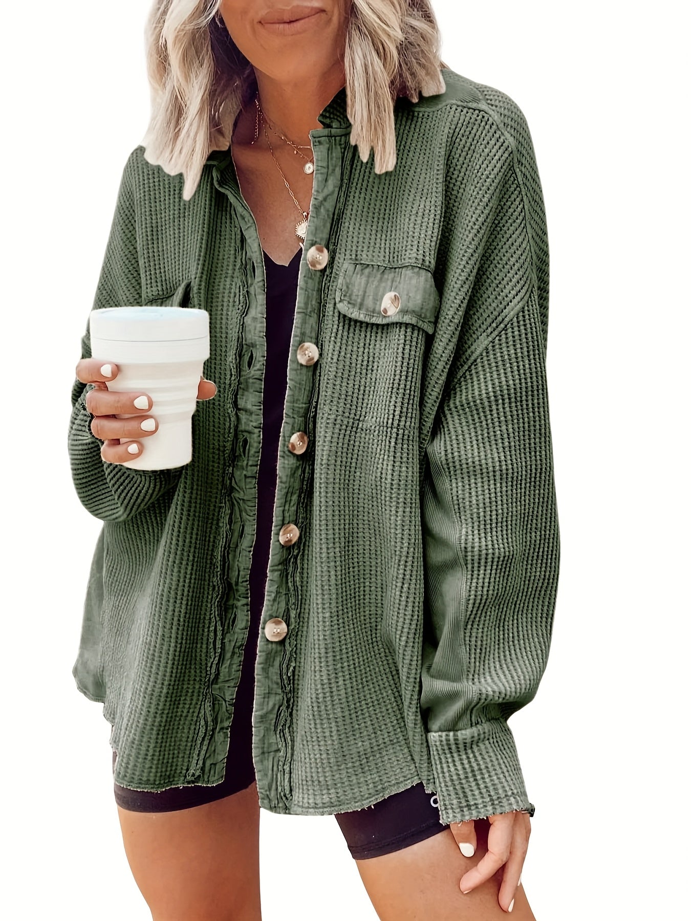 Women's Chic Oversized Waffle Jacket - Long Coat with Lapel Collar & Front Buttons, Machine Washable Winter Jacket for Everyday Formal Outfits - Cozy Fall and Winter Outerwear, Seasonal Fashion, Relaxed Fit, Durable Stitching, Casual Wear