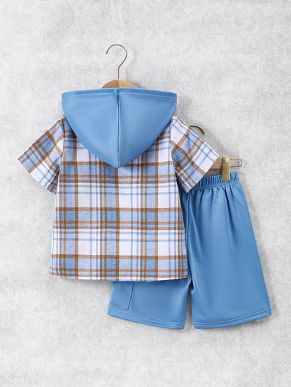 2pcs, Children's Short-sleeved Plaid Shirt Shorts Hooded Top Cardigan Fashion Casual Children's Shorts Set, Perfect for Outdoor