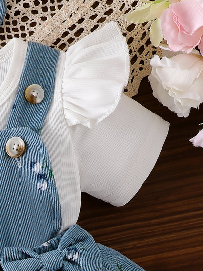 3pcs Baby Girls Set Flutter Sleeve Short Sleeve Tee 3D Bow Floral Print Suspender Skirt Summer Outdoor Play, Perfect for Outdoor