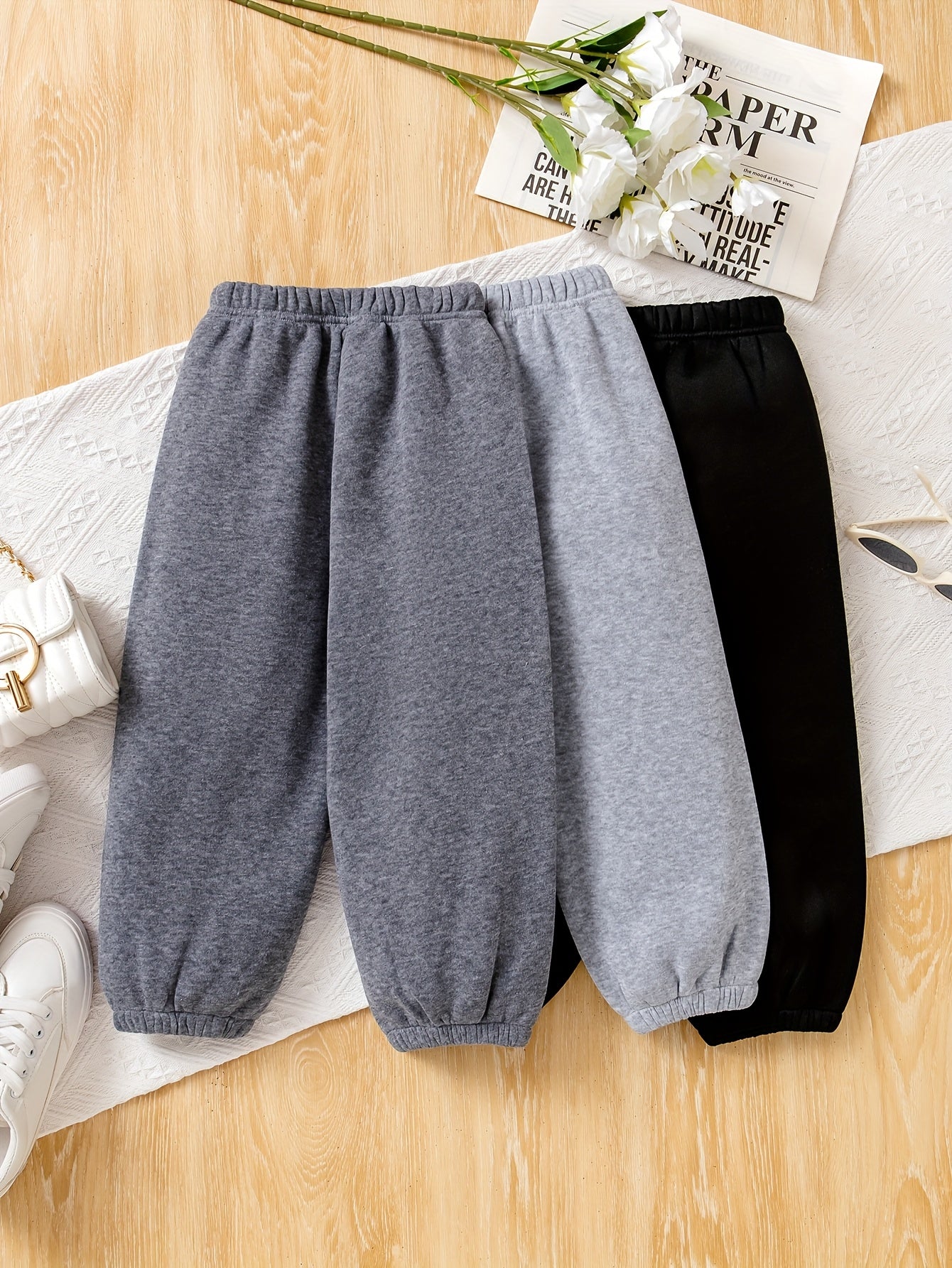 Girls' 3pcs Set -Lined Thickened Cute Butterfly Print Trousers, Comfortable Warm Long Pants for Daily Casual Wear, Perfect for Outdoor