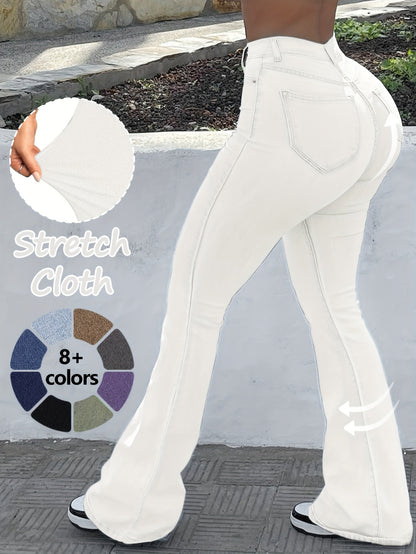 GILIPUR MH1025 Light Blue Retro High-Waist Stretch Straight Leg Women's Pants, Street Style Solid Color Long Pants with Pockets, All-Season Comfortable Stretch Fabric, Machine Washable