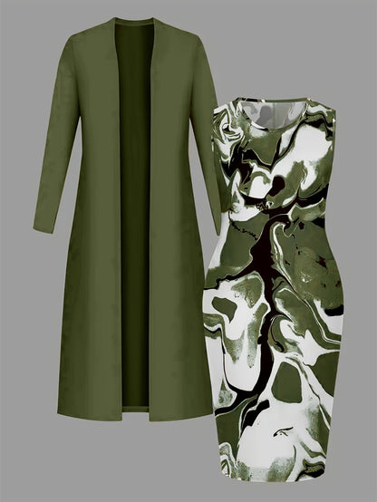 Two-Piece Set: Long Khaki Cardigan + Gold-Brown Marble Patterned Pencil Skirt for Women | Fashionable And Professional Design, Suitable for The Workplace, Daily Outings, And Other Occasions