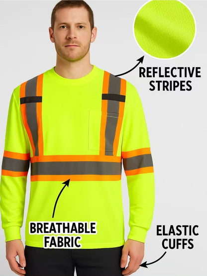 3-Pack Hi-Vis Safety Long Sleeve Shirts with Reflective Stripes, Neon Yellow Workwear