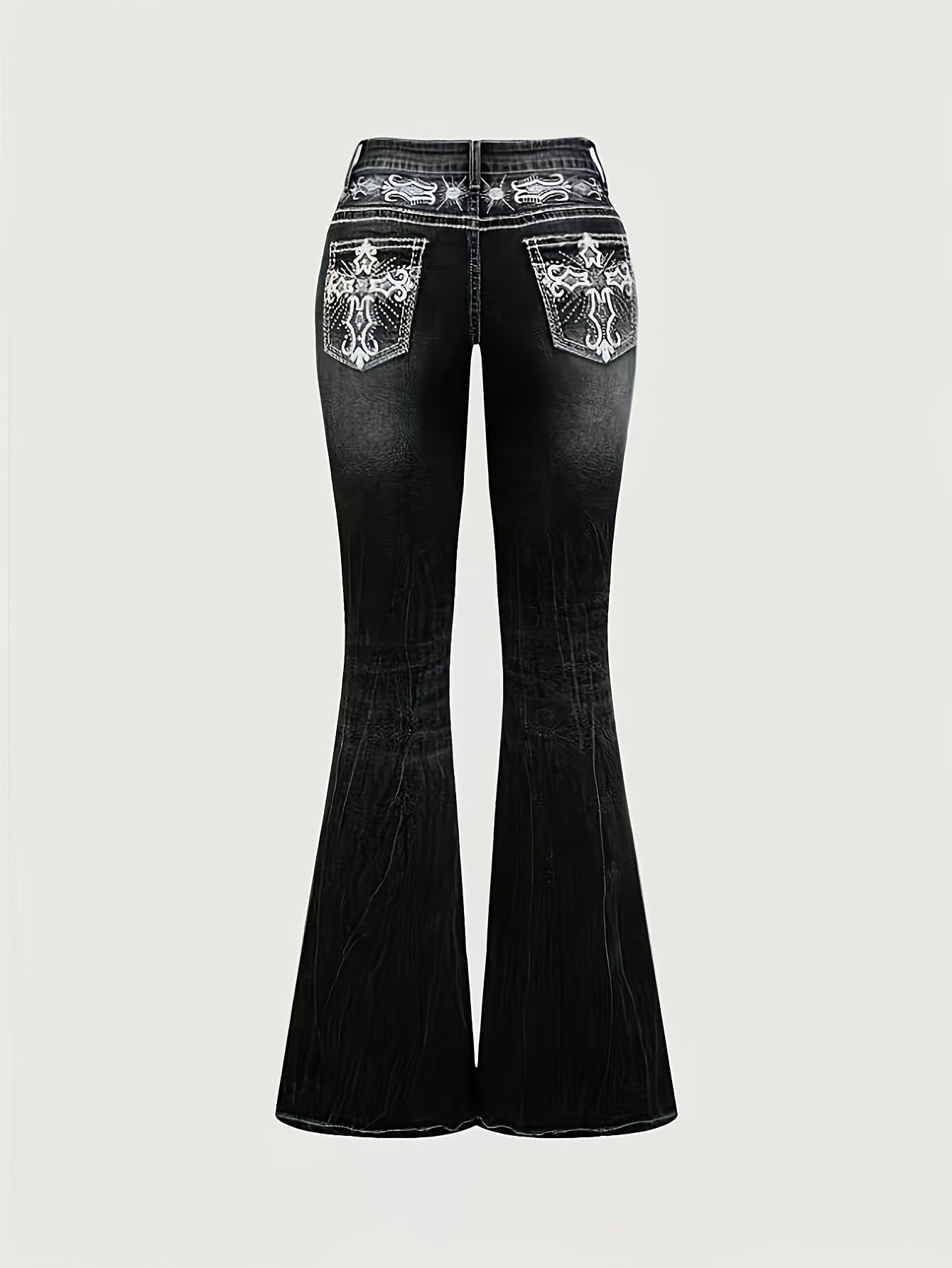 Women'S Vintage Stretch Flare Jeans - Cross Embroidery & Belt Loop Detailing, Slim Fit Elegant Denim for All-Season Wear