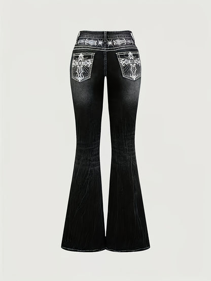 Women'S Vintage Stretch Flare Jeans - Cross Embroidery & Belt Loop Detailing, Slim Fit Elegant Denim for All-Season Wear