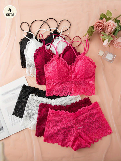 4pcs Set Sexy Comfortable Fashion Casual Lingerie for Women, No Underwire Bra Set with Panties and Camisole