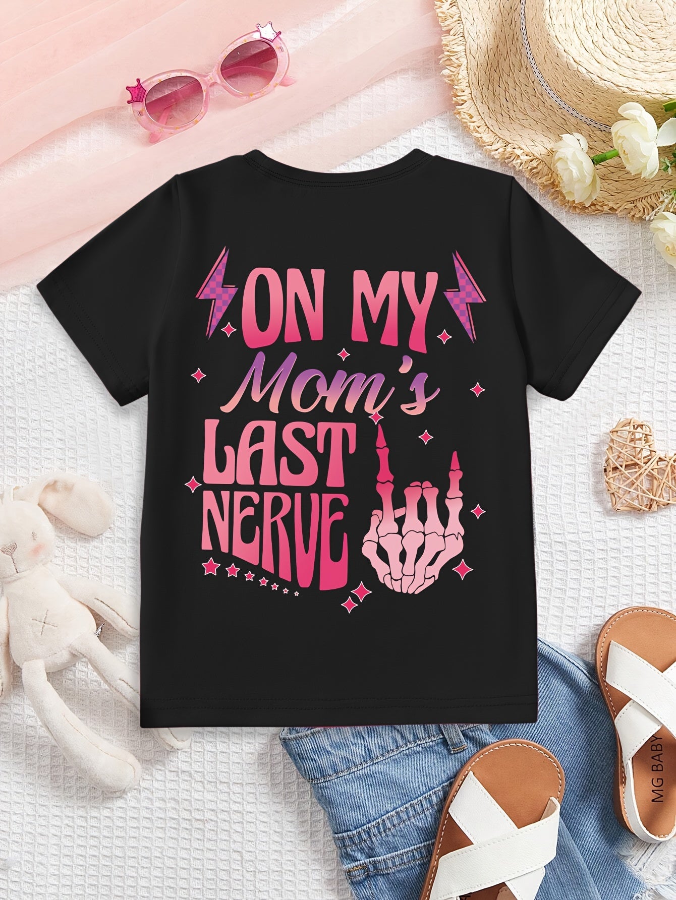 'On My Mom's Last Nerve' Fun Letter Print Girls 100% T-Shirt - Casual Short Sleeve, Crew Neck, Summer Top for Youngsters