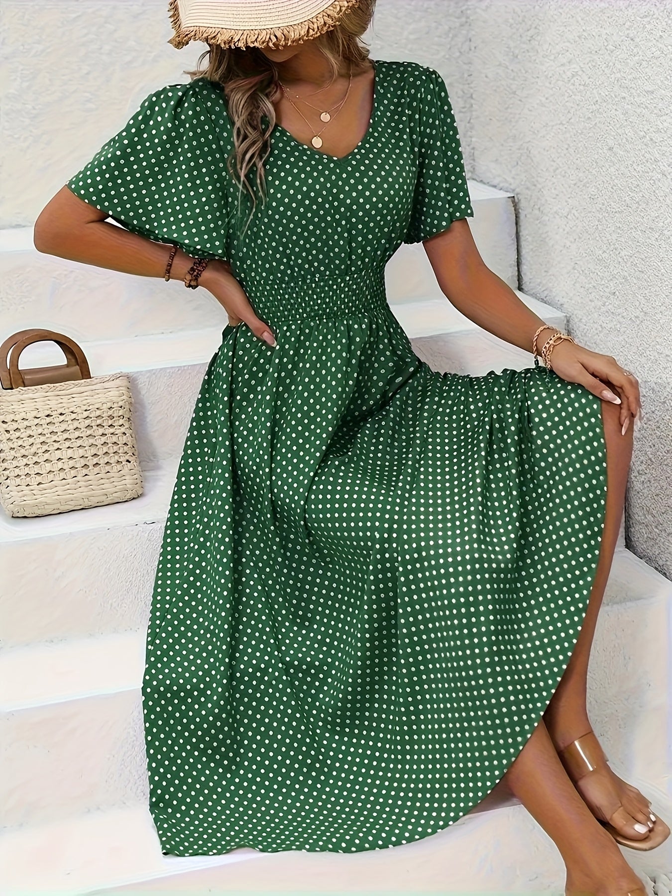 Women'S Long Dress in Pink with Polka Dots - Casual V-Neck, Ruffled Sleeves, Waist-Enhancing Style, Made of Lightweight, Ideal for Spring/Summer, Machine Washable