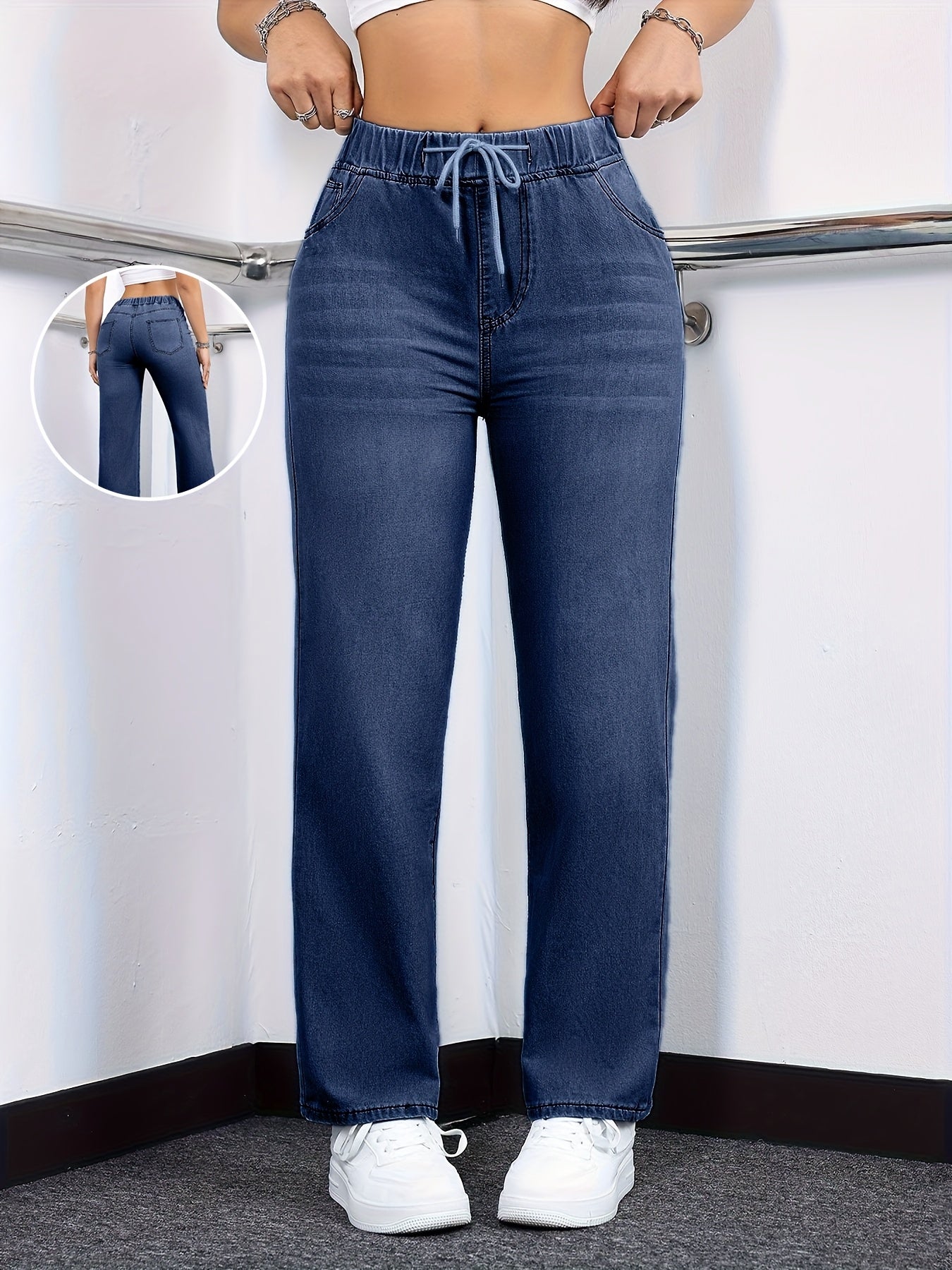 [Drawstring Waist Jeans] Plus Size Women's Drawstring Waist Straight Leg Jeans | High Waist Stretchy Washed Denim | Casual Trendy Comfy Jeans for Daily Wear | Flattering Fit