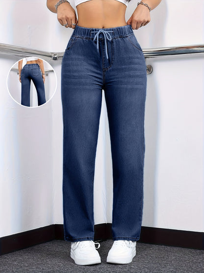 [Drawstring Waist Jeans] Plus Size Women's Drawstring Waist Straight Leg Jeans | High Waist Stretchy Washed Denim | Casual Trendy Comfy Jeans for Daily Wear | Flattering Fit