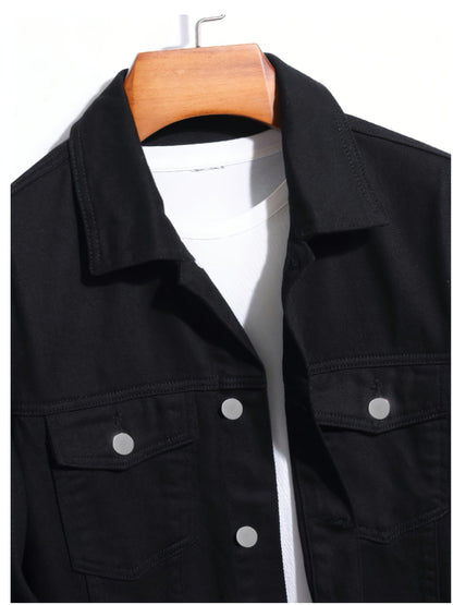 [HME] American High Street Men's Denim Jacket, Three-dimensional Cut And Loose Fit, Fashionable Patchwork And Patchwork Design, Full Of Retro Street Style, Open Front, Single-row Button Closure, Fashionable And Trendy Men's Denim Jacket