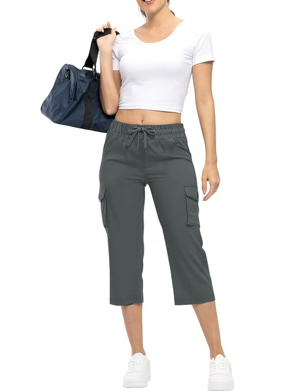 3pcs Women'S Fashionable Cargo Capri Pants for Summer, with Elastic Waistband And Pockets - Casual Sports Capri Pants, Breathable Blend
