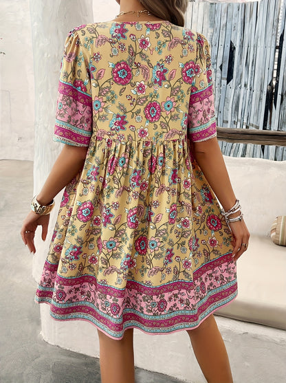 ZAFUL Summer Women's Dress, Women's Fashion New Elegant Romantic Bohemian Style Long Dress, Women's Fashion Deep V-neck Princess Sleeve Design, Fluffy High Waist Tassel Dress, Fashion Holiday Dress