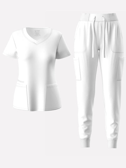 Women's Solid Two-piece Set - Elegant Short Sleeve V Neck Scrub Top & Drawstring Pants Outfits, Clothing
