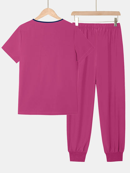2pcs Set Of Top And Pants, Women's V-neck Frosted Breathable Pocket S Uniform, Brushed Hand Clothes, Work Clothes, Hand Washing Clothes, Pocket Clothes, Leg Binding Pants Set