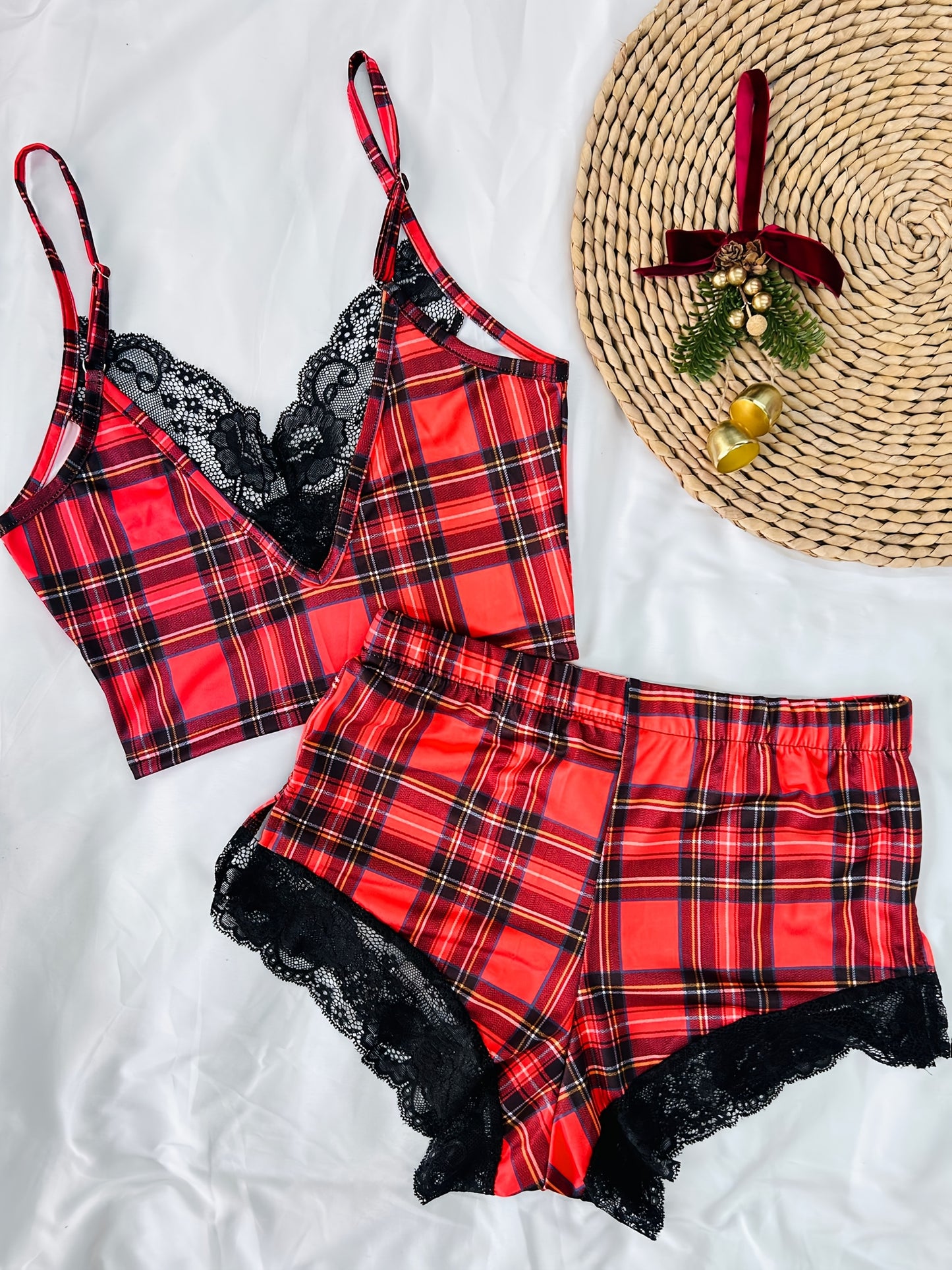 Contrast Color Lace Stitching Plaid Love Print V-neck Bilateral Side Open Backless Skin-friendly Soft Home Casual Pajamas Set