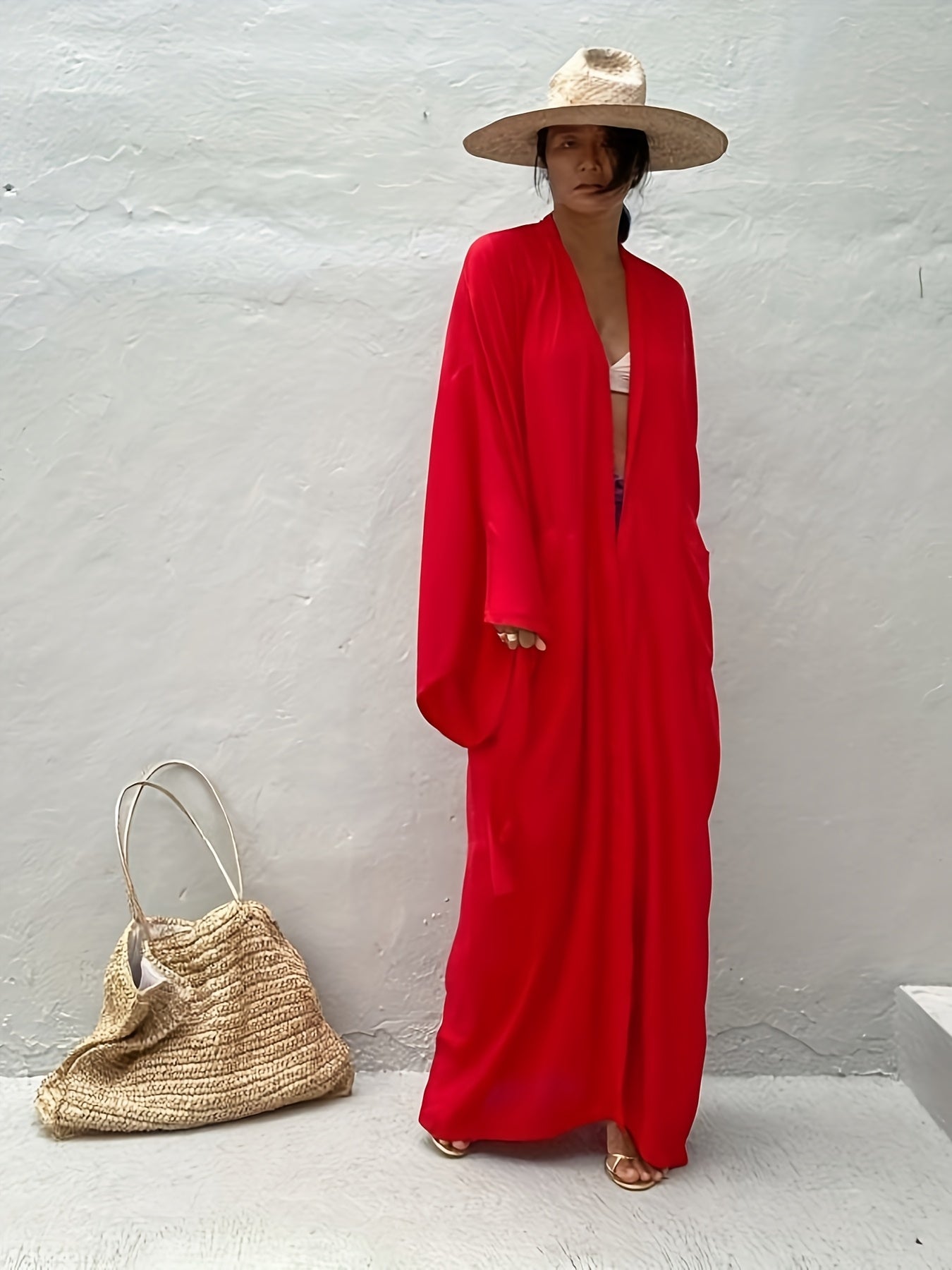 Women's Beige Kimono Cardigan - Casual V-Neck, Long Sleeve with Tie Waist, Lightweight Beach Cover-Up Dress, Breathable & Semi-Sheer for Vacation Layering, Casual Layering Piece|Flowing Beachwear|Breathable Fabric