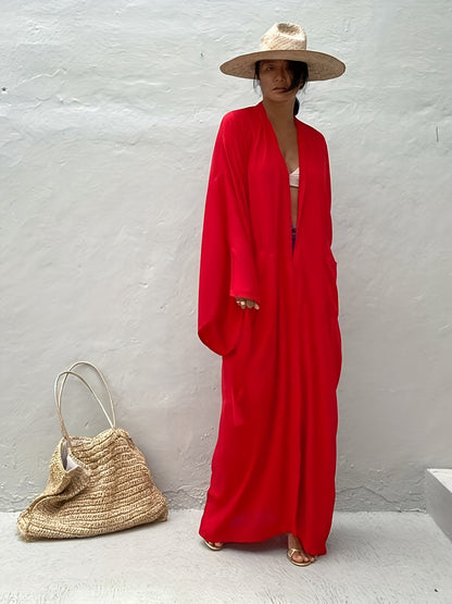 Women's Beige Kimono Cardigan - Casual V-Neck, Long Sleeve with Tie Waist, Lightweight Beach Cover-Up Dress, Breathable & Semi-Sheer for Vacation Layering, Casual Layering Piece|Flowing Beachwear|Breathable Fabric