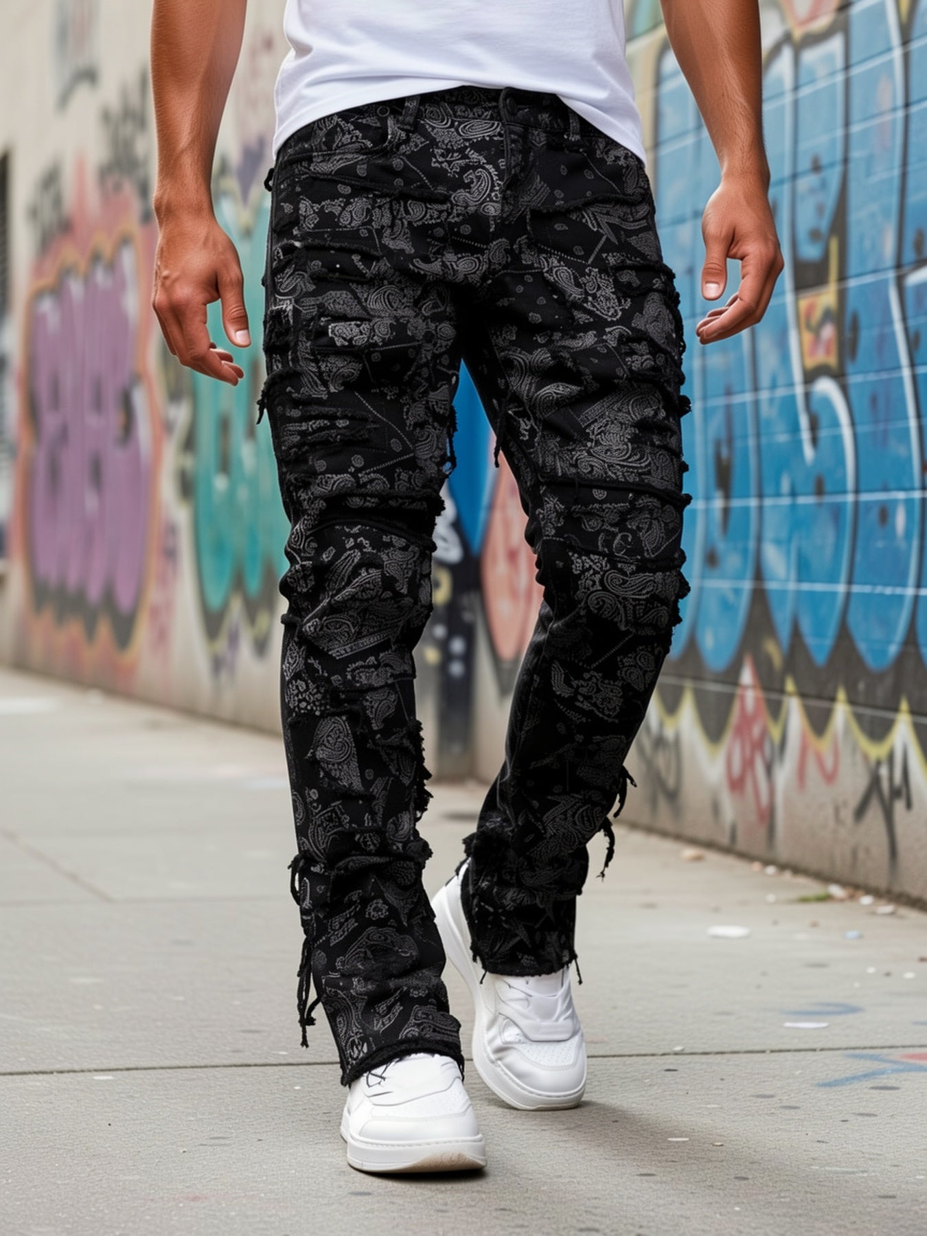 [Hme]Men'S Casual Print Jeans, Featuring a Trendy Street Hip-Hop Style, Mid-Rise Stretchy Slim Straight Cut, with Three-Dimensional Tailoring And Irregular Patch Designs. Made from Elastic Fabric That Is Machine Washable, Suitable for All Seasons