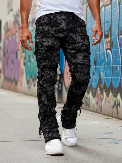 [Hme]Men'S Casual Print Jeans, Featuring a Trendy Street Hip-Hop Style, Mid-Rise Stretchy Slim Straight Cut, with Three-Dimensional Tailoring And Irregular Patch Designs. Made from Elastic Fabric That Is Machine Washable, Suitable for All Seasons