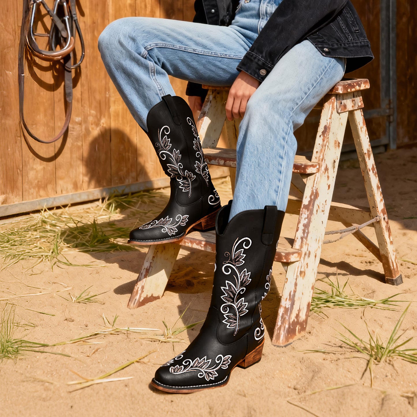 DREAM PAIRS Women's Cowboy Cowgirl Western Mid Calf Boots Square Toe Embroidered Stitched Pull On Country Boots with Low Chunky Heel